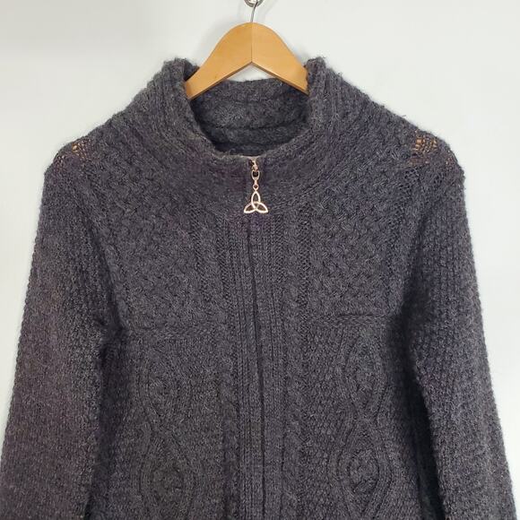 Aran Mor 100% Merino Wool Full Zip Cable Knit Sweater Gray Ireland Size Medium - Picture 4 of 11